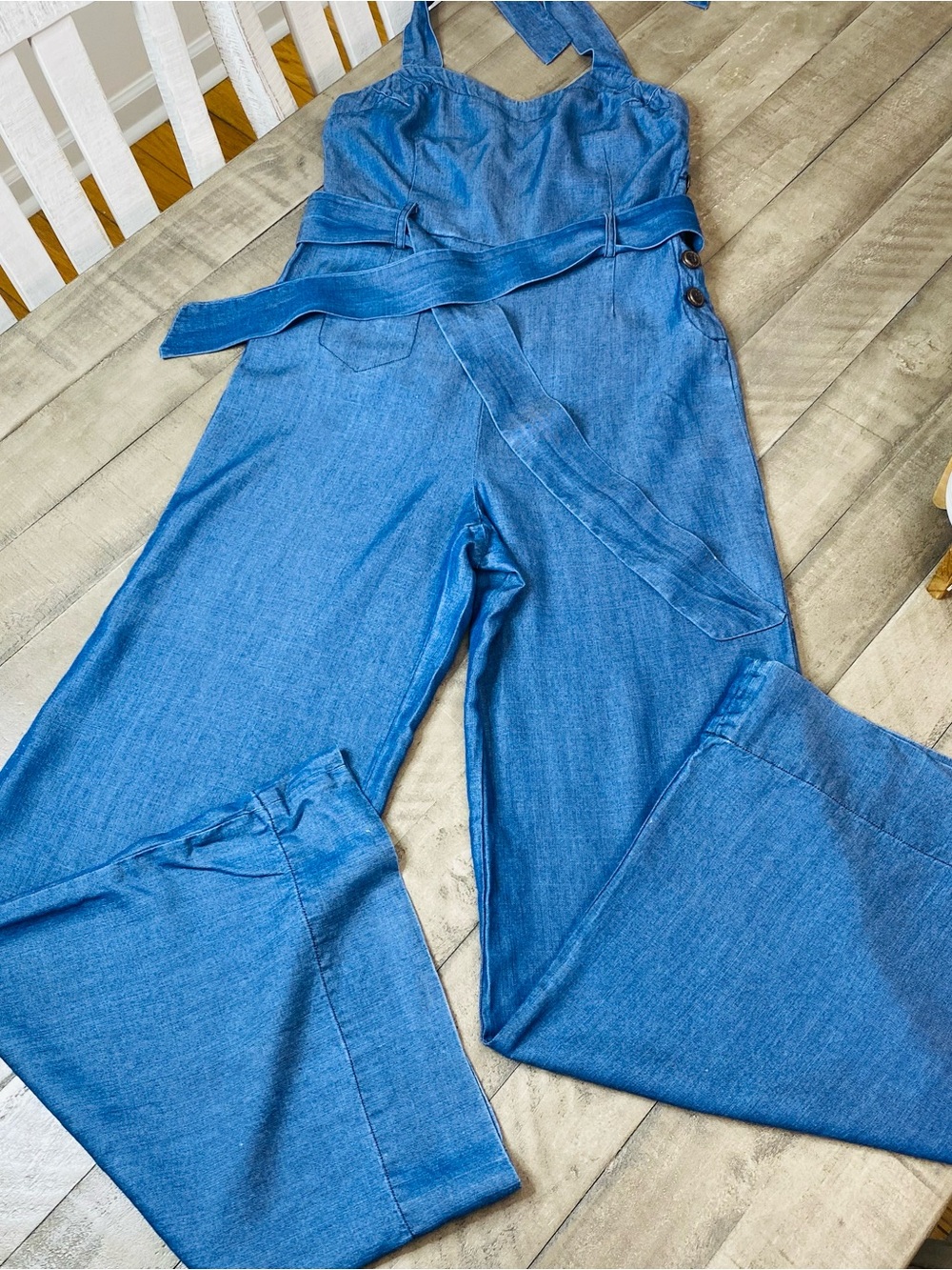 Anthropologie Elevenses Sharlene Denim Halter Jumpsuit Wide Leg Flare Size 6 - Picture 4 of 13